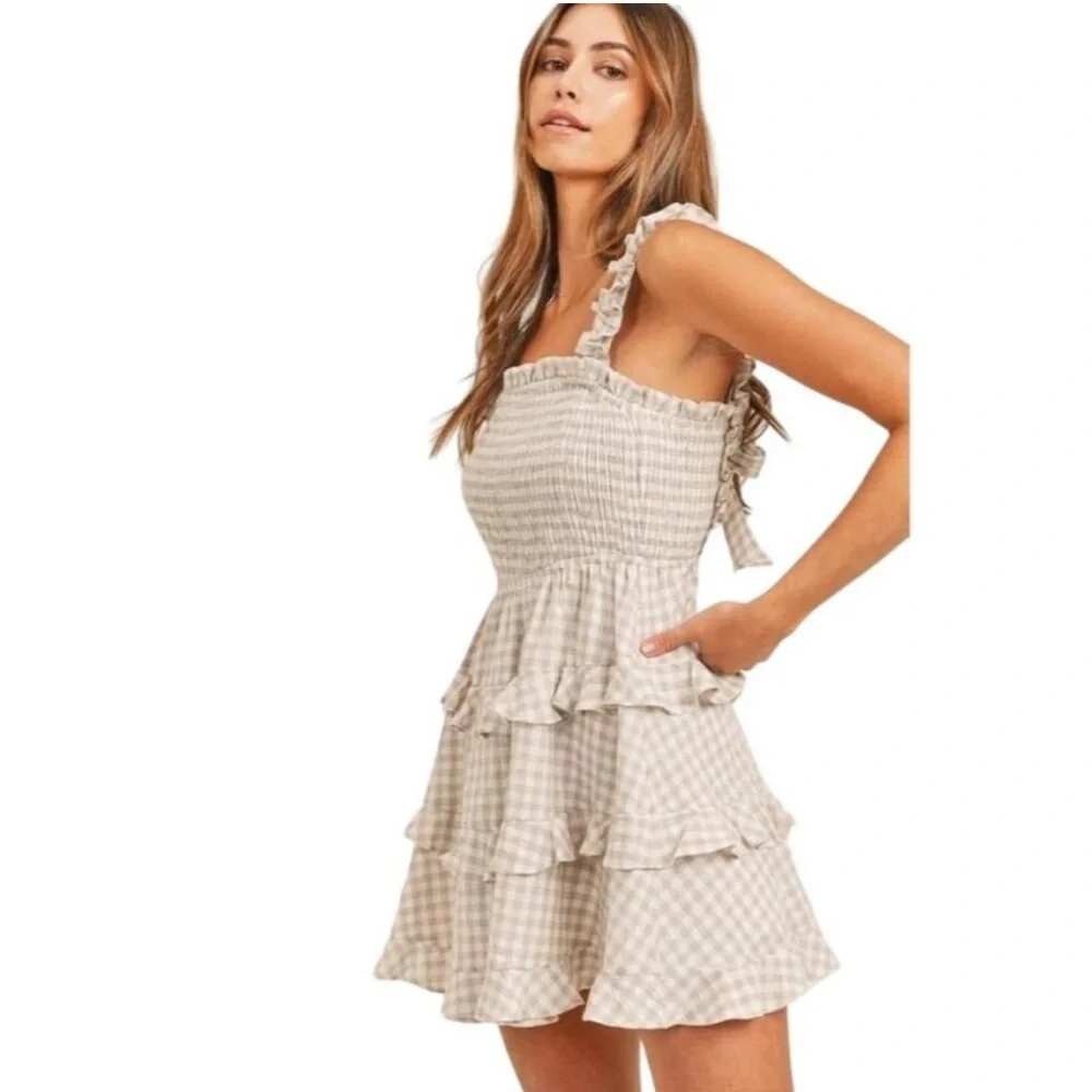 MABLE Clare Mini Dress Tan White Gingham Smocked Ruffle Tiered S Cottage Summer